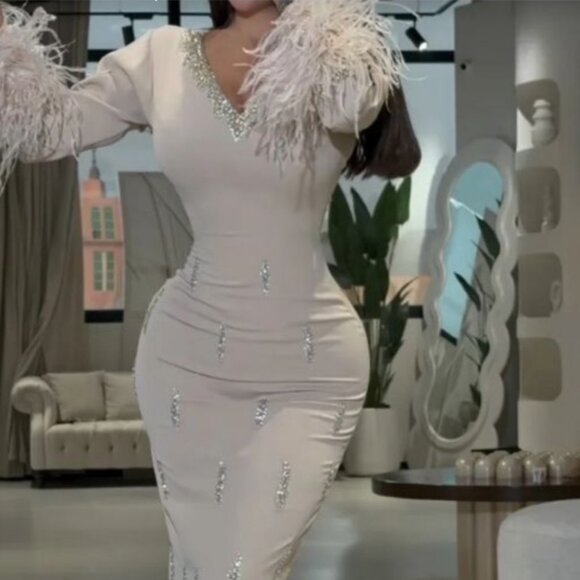 Rhinestone Sparkle Elegant Feather Party Dress - Picture 1 of 1